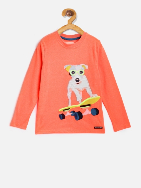 Cherry Crumble Boys Orange Appliqued Round Neck T-shirt