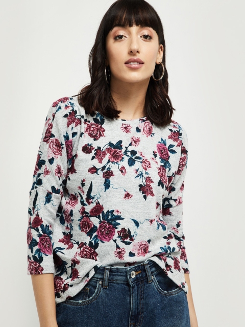 

max Women Grey Floral Printed Round Neck T-shirt
