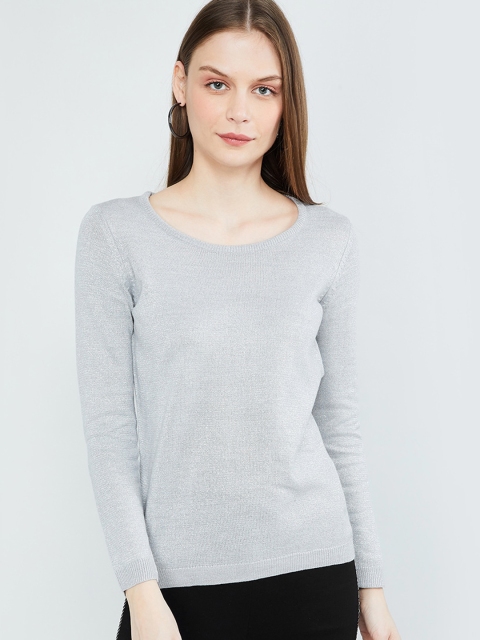 max Women Grey Melange Solid Pullover Sweater