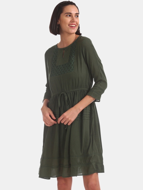 

Cherokee Women Olive Green Solid Fit and Flare Dress