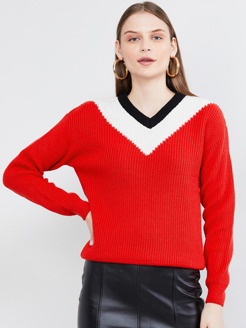 

max Women Red & White Colorblocked Sweater