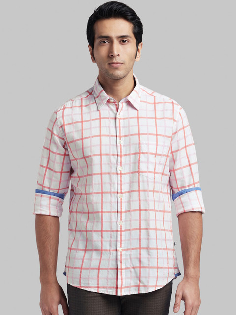 

Parx Men White & Coral Pink Slim Fit Checked Casual Shirt