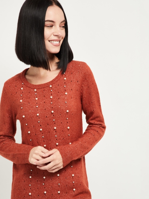 

max Women Brown Embellished Pullover Sweater