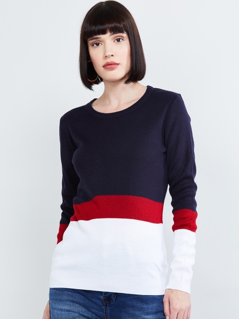 

max Women Navy Blue & White Colourblocked Pullover Sweater
