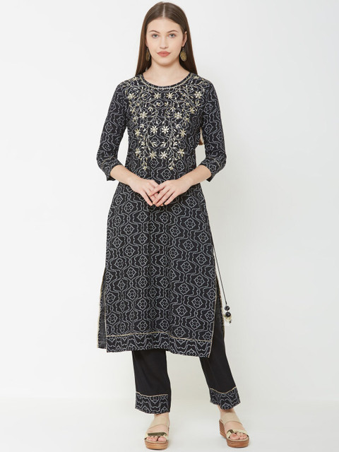 

FASHOR Women Black Printed Zari Kurta with Trousers