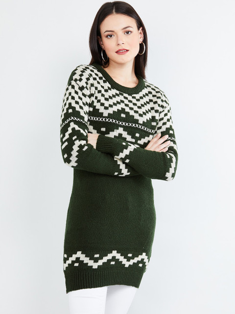 

max Women Olive Green & White Patterned Longline Pullover Sweater