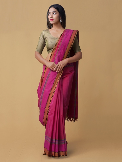 

Unnati Silks Pink & Brown Pure Kanchi Cotton Handloom Striped Saree