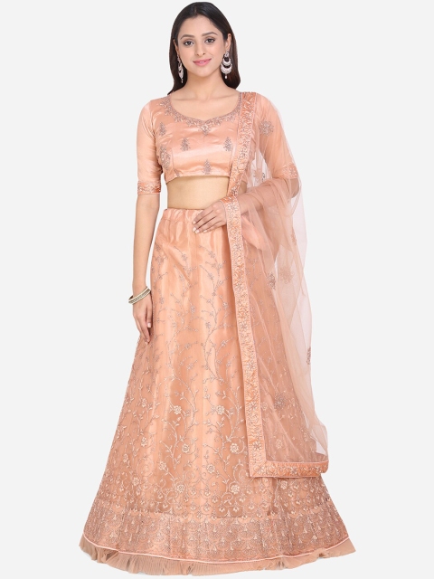 

Mitera Women Peach & Gold-Toned Embroidered Semi-Stitched Lehenga & Unstitched Blouse with Dupatta
