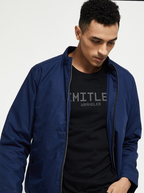 

max Men Navy Blue Solid Bomber Jacket