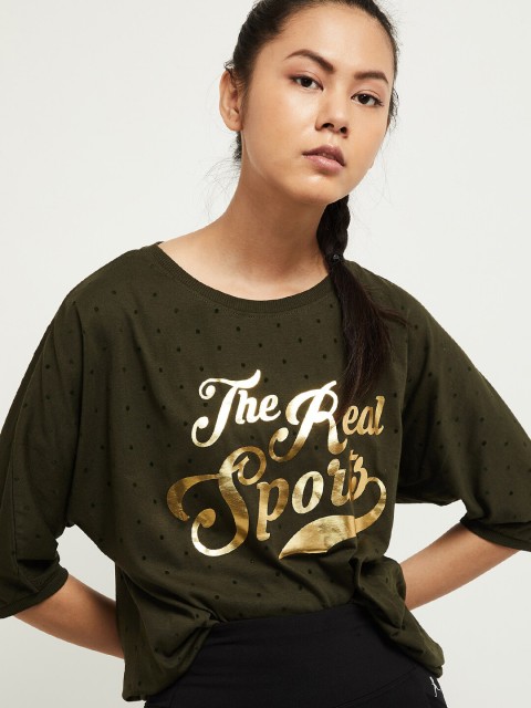 

max Women Olive Green & Gold Printed Round Neck T-shirt