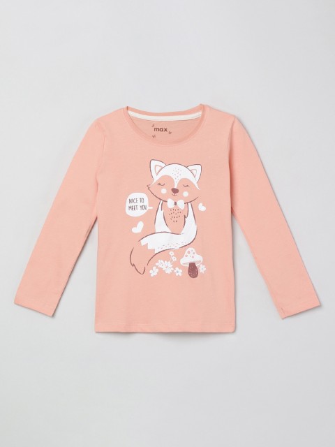 

max Girls Peach & White Printed Round Neck T-shirt