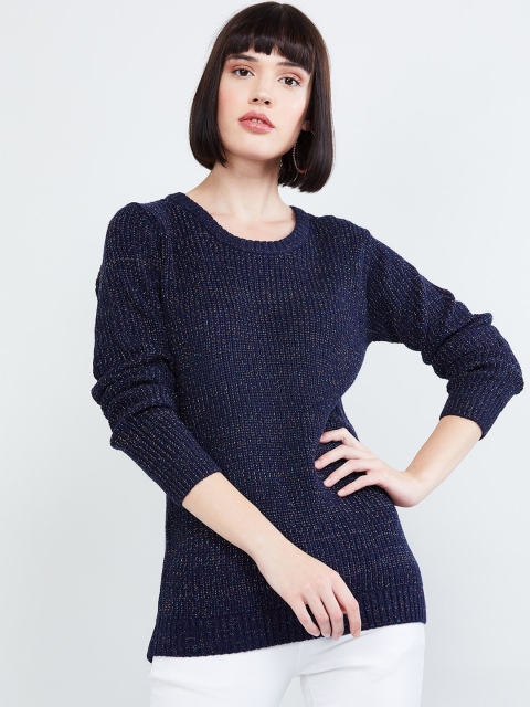 

max Women Navy Blue Self Design Pullover Sweater