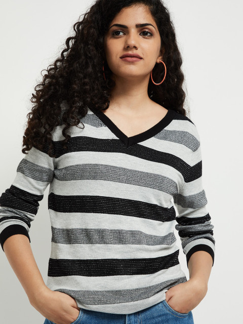 

max Women Grey Melange Striped Pullover Sweater