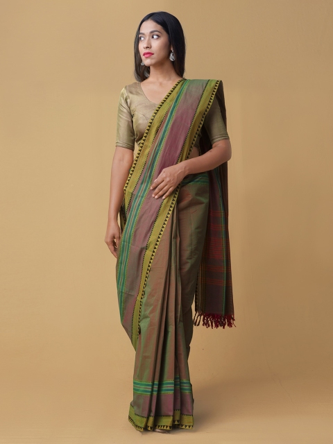 Unnati Silks Olive Green Striped Handloom Pure Cotton Saree