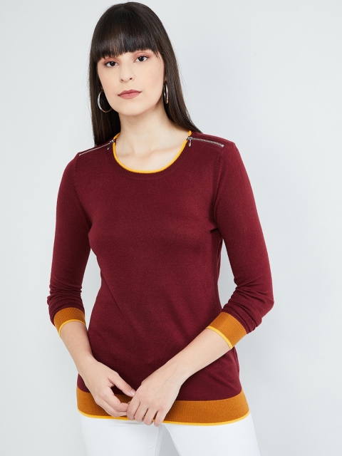 

max Women Maroon & Yellow Solid Sustainable Pullover Sweater