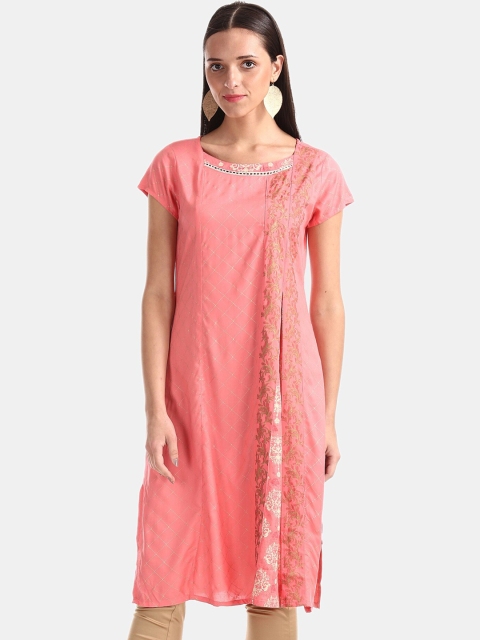 

Karigari Women Peach-Coloured & Gold-Coloured Floral Printed Straight Kurta