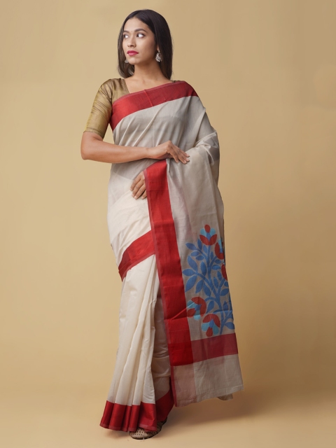 

Unnati Silks Cream-Coloured Handloom Silk Cotton Printed Banarasi Saree