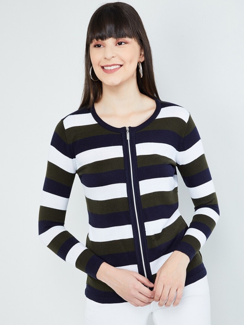 

max Women Olive Green & White Striped Front-Open Sweater