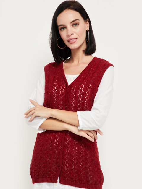 

max Women Red Self Design Front-Open Sweater