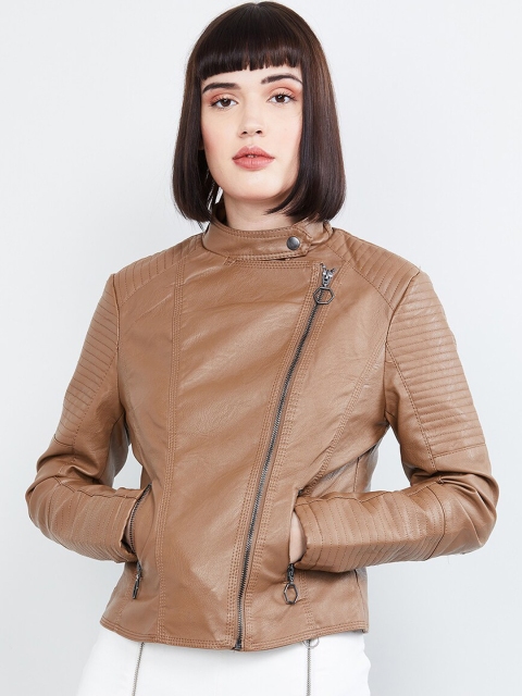 

max Women Brown Solid Biker Jacket