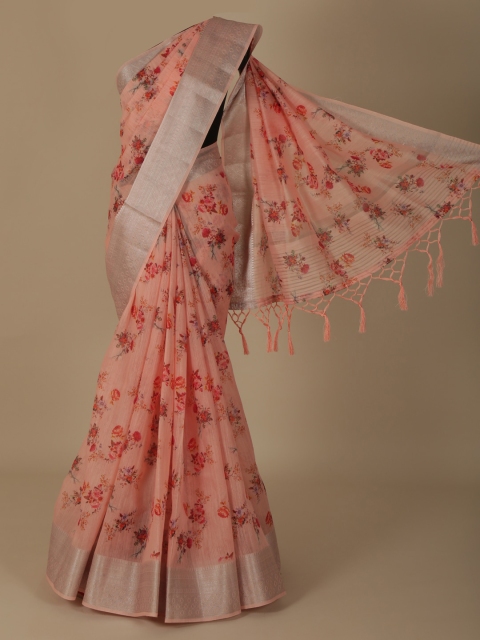 

Pothys Peach-Coloured Floral Printed Linen Blend Saree