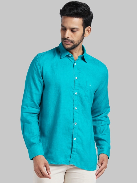 

Parx Men Turquoise Blue Slim Fit Solid Casual Linen Shirt