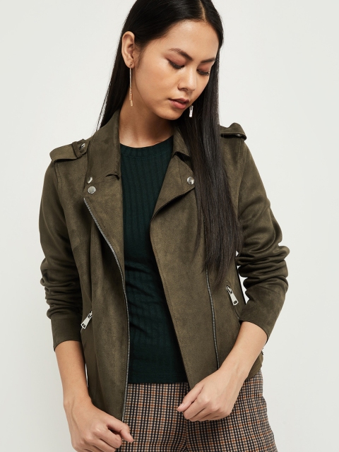 

max Women Olive Green Solid Biker Jacket