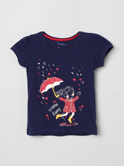 

max Girls Navy Blue Printed Round Neck Pure Cotton T-shirt