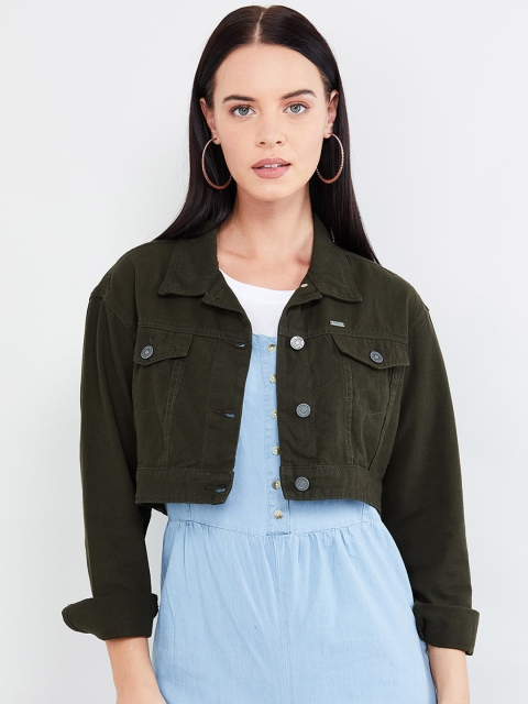 

max Women Olive Green Solid Denim Jacket