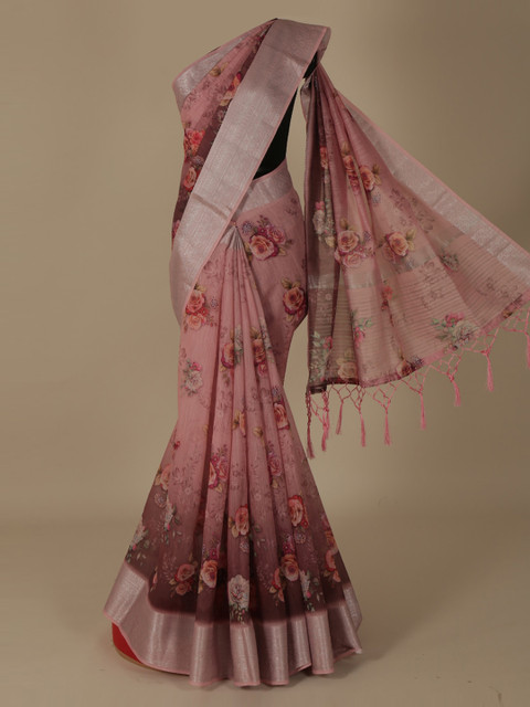 

Pothys Peach-Coloured Floral Printed Linen Blend Saree