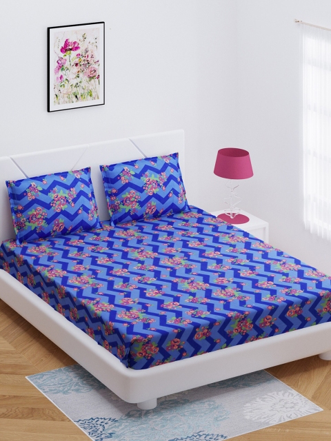 

BOMBAY DYEING Blue & Pink Floral Printed 120 TC Cotton 1 Queen Bedsheet with 2 Pillow Covers