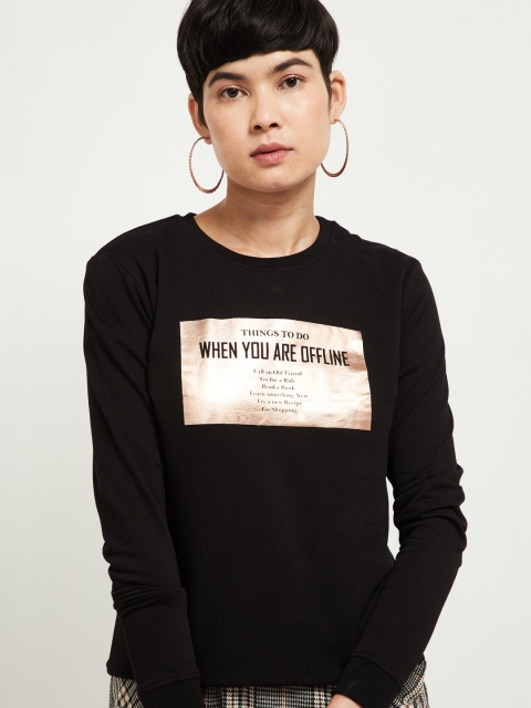 max Women Black Printed Cotton Sweatshirt
