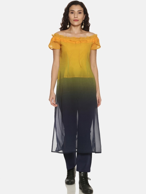 

Ira Soleil Women Yellow & Black Colourblocked Off Shoulder Tunic