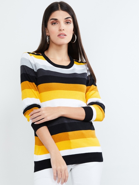 

max Women Yellow & Black Striped Pullover Sweater