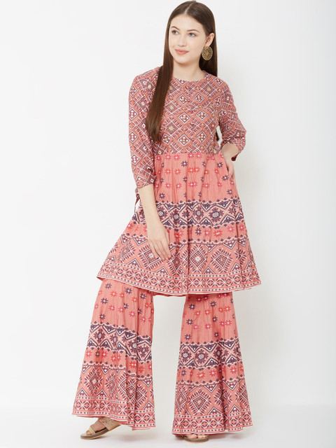 

FASHOR Women Peach-Coloured Printed Kurti with Sharara
