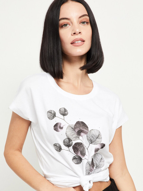 

max Women White Printed Round Neck Pure Cotton T-shirt