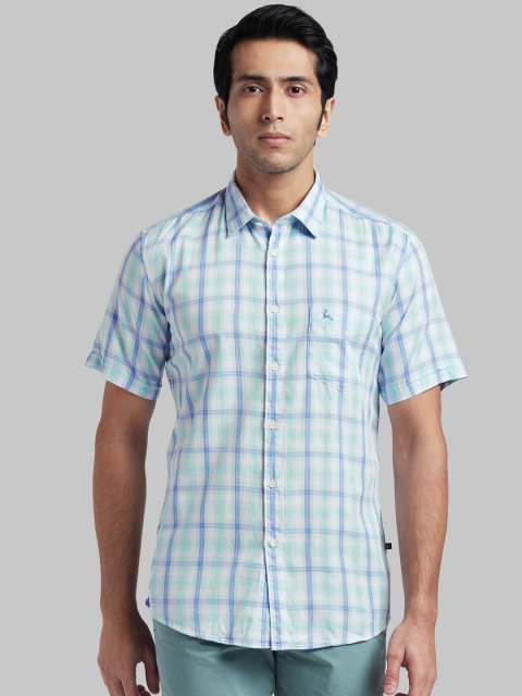Parx Men White & Green Slim Fit Checked Casual Shirt