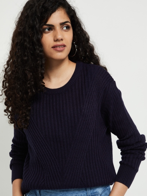 

max Women Navy Blue Patterned Ribbed Pullover Sweater