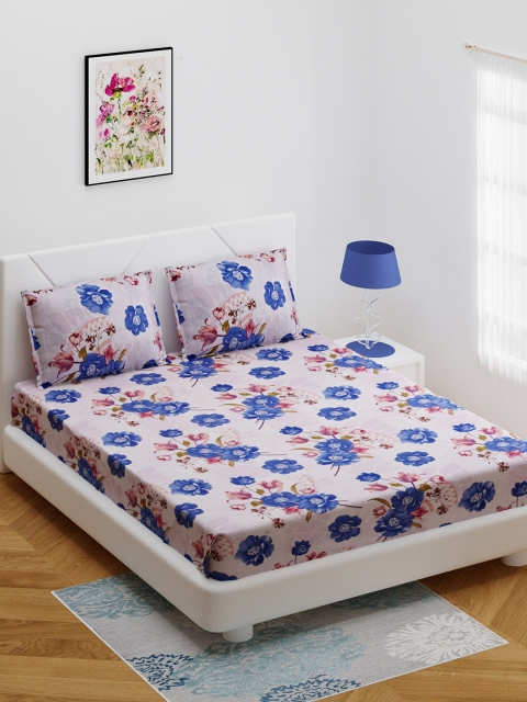 

BOMBAY DYEING Pink & Blue Floral Print Double Bedsheet With 2 Pillow Covers