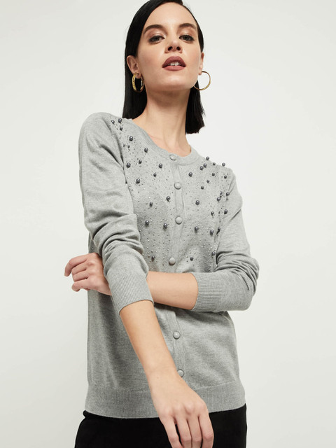 

max Women Grey Embellished Cardigan