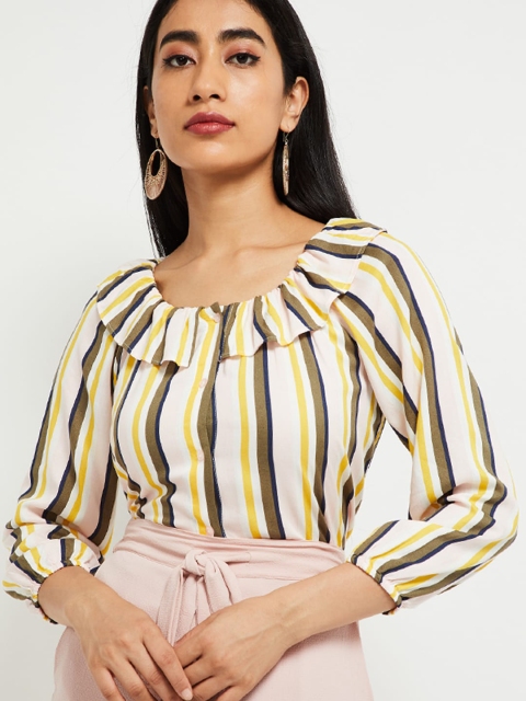 

max Women Off-White & Yellow Striped Round Neck T-shirt