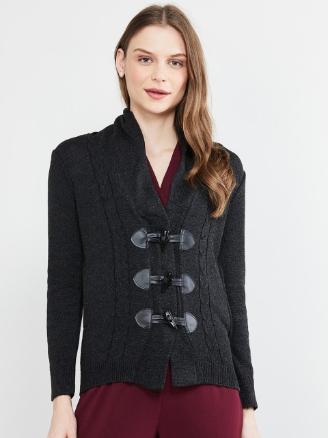 

max Women Grey Solid Knitted Button Detailed Cardigan