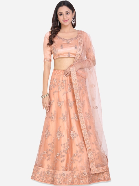 

Mitera Women Peach-Coloured Zari Embroidered Semi-Stitched Lehenga & Unstitched Choli with Dupatta