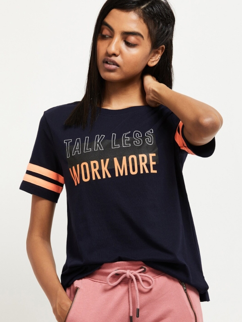 

max Women Navy Blue & Orange Printed Round Neck T-shirt