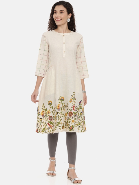 

Neerus Women Cream-Coloured & Green Floral Print A-Line Kurta