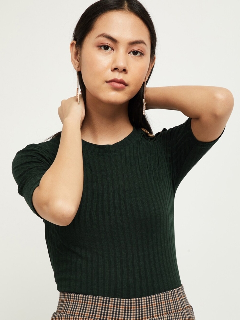 max Women Green Solid Round Neck Crop T-shirt