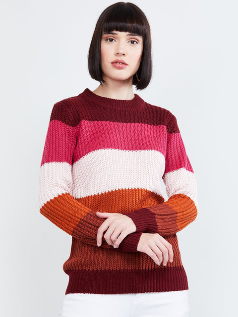 

max Women Magenta & Orange Embroidered Pullover Sweater