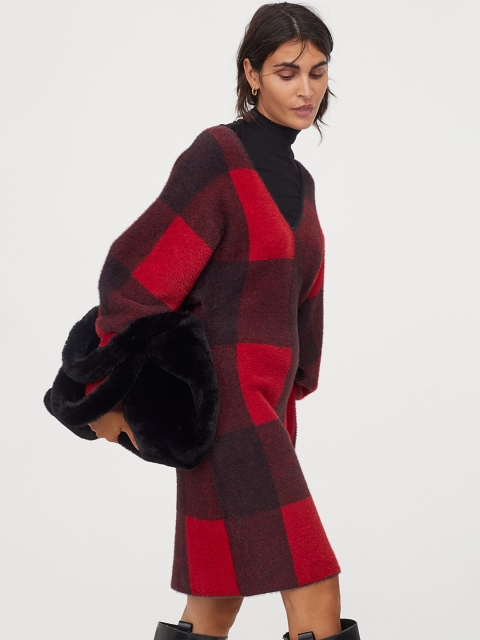 

H&M Women Red & Black Checked Knitted Dress