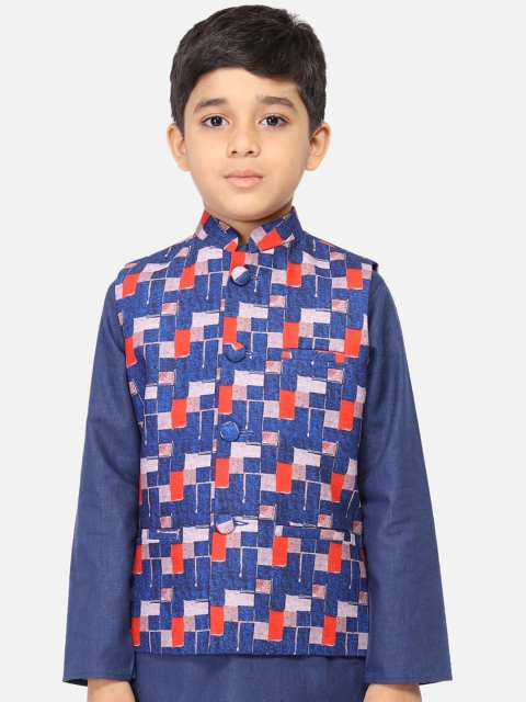 

TABARD Boys Blue & Orange Printed Pure Cotton Nehru Jacket