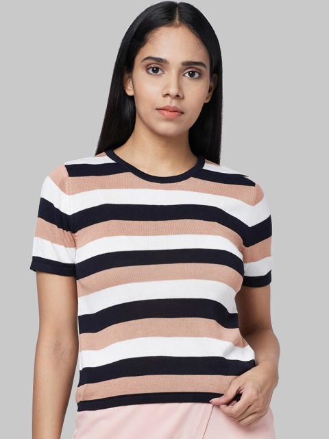 

Park Avenue Woman Women & Black Beige Striped Round Neck T-shirt